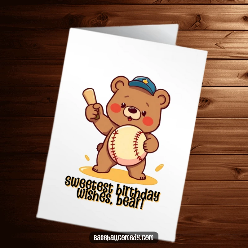 Funny free printable birthday card: A determined bear character pitching a baseball that is clearly made of dripping honey. Sweet humor.