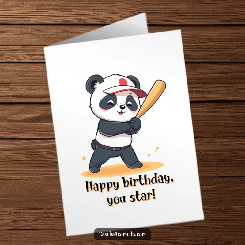 Funny Free Printable Birthday Card: Joyful panda swinging a baseball bat with immense power, hitting a grand slam.