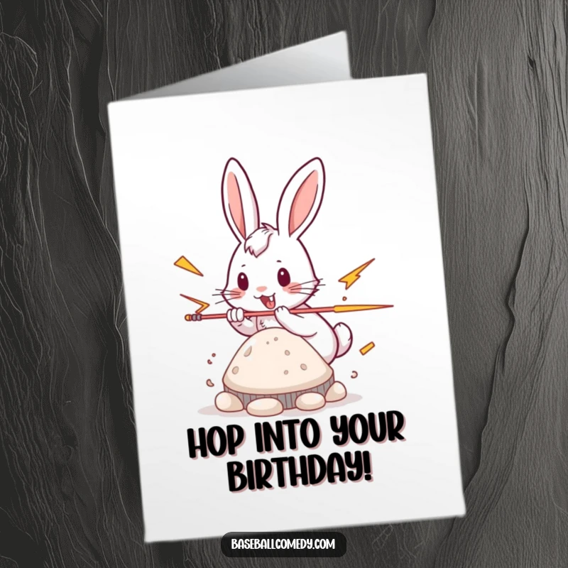 Funny Free Printable Birthday Card: A cartoon rabbit in a blur, stealing a base with lightning speed and a playful grin.