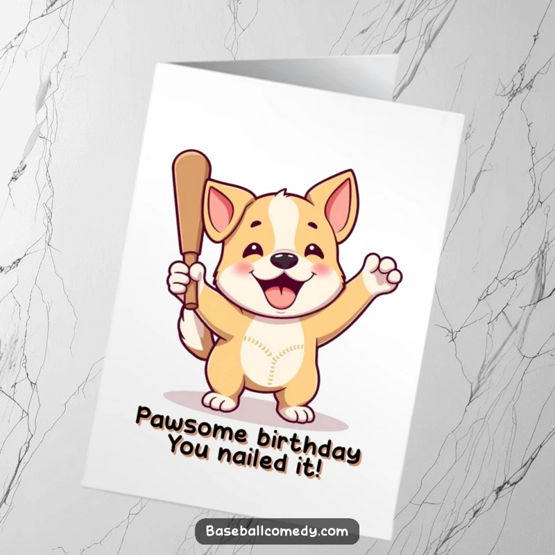 Funny Free Printable Dog Birthday Card: Proud dog wagging tail, celebrating a home run, perfect for dog lovers.