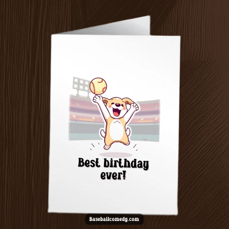 Funny Free Printable Jumping Dog Catching Home Run Ball Birthday Card, full of athletic excitement, a great DIY gift.