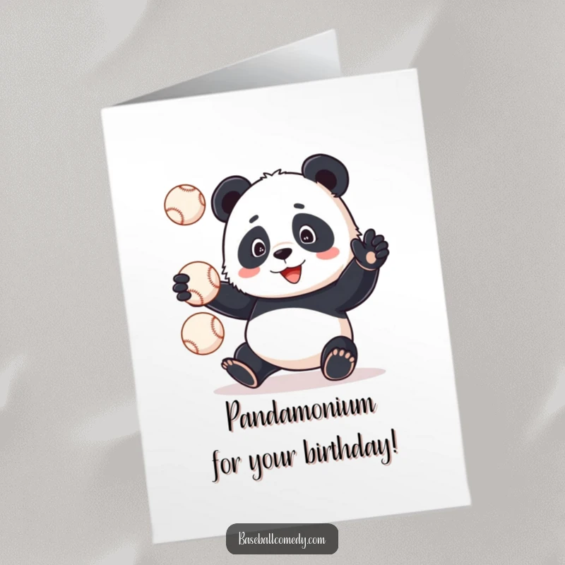 Funny Free Printable Panda juggling baseballs with a determined expression, perfect for a unique birthday card.