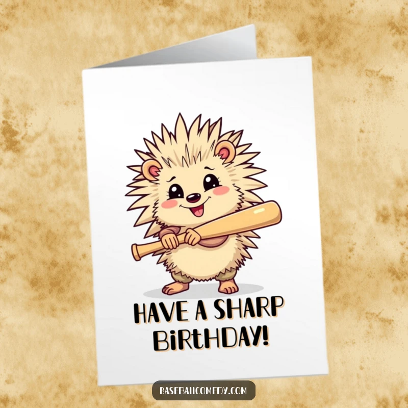 Funny Free Printable Cheerful Porcupine Holding Baseball Bat Birthday Card, ready to swing, a unique DIY gift.