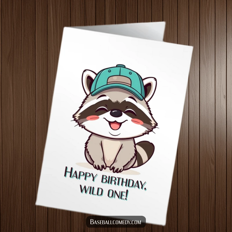 Funny Free Printable Giggling Raccoon Baseball Cap Backwards Birthday Card, full of cheeky fun, a great DIY gift.