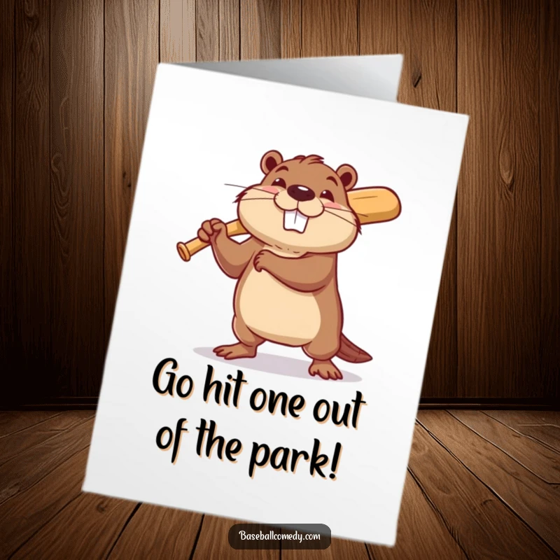 Funny Free Printable Birthday Card: Determined beaver with tiny bat ready to hit a baseball, grinning widely.