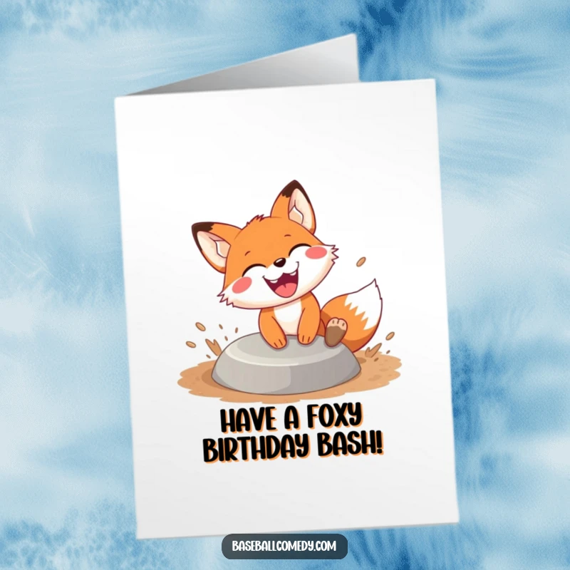 Funny Free Printable Birthday Card: Happy fox slides into baseball base, dirt flying, big grin, celebrating a birthday.