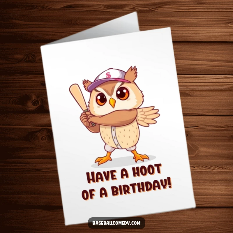 Funny free printable birthday card: A cute owl character stands tall in a heroic baseball player pose, ready to play.