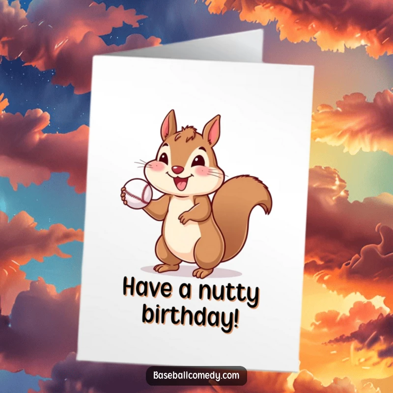 Funny Free Printable Birthday Card: A cheerful squirrel joyfully throws a small baseball, ready for action.
