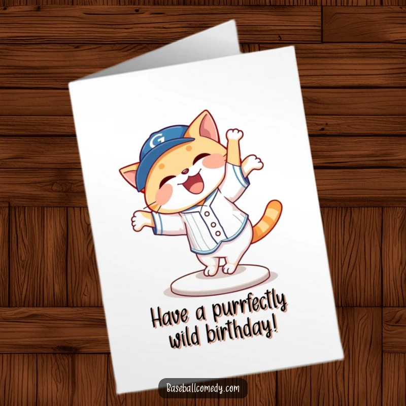 Funny Free Printable cat in a baseball uniform doing a cartwheel off base, a joyful birthday card.