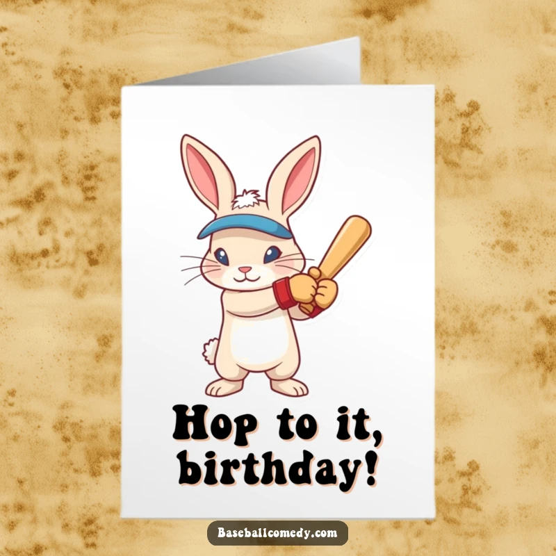 Funny Free Printable Birthday Card: Rabbit in batting gloves, intense focus, ready to swing, baseball theme.