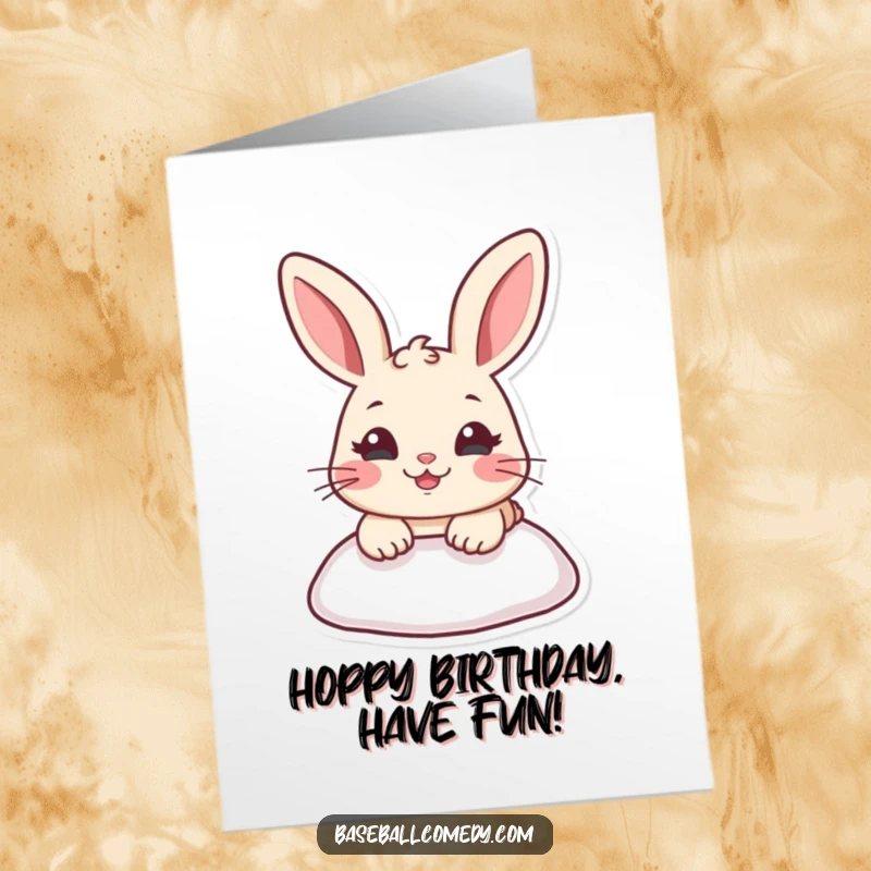 Funny Free Printable Birthday Card: Goofy rabbit sliding headfirst into a baseball base with a big smile.