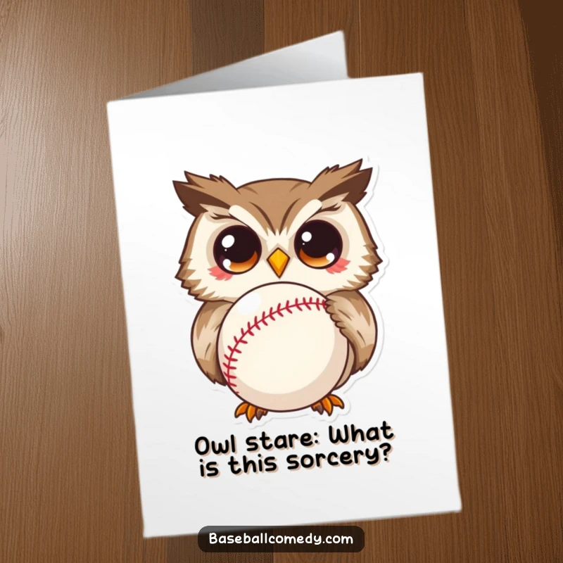 Funny Free Printable Birthday Card: Curious owl with wide eyes stares intensely at a baseball, DOWNLOADABLE for a unique gift.