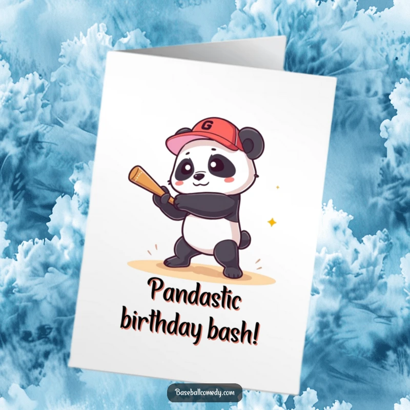 Funny Free Printable Birthday Card: A joyful panda swinging a bat and hitting a grand slam baseball.