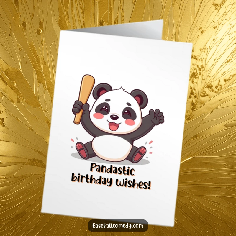 Funny Free Printable Panda Sliding into Home Plate Birthday Card, celebrating with a triumphant grin, perfect DIY gift.