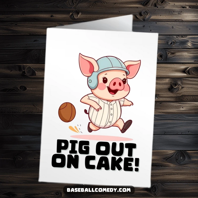 Funny Free Printable Birthday Card: Pig in helmet running bases comically fast, baseball theme, perfect DIY gift.