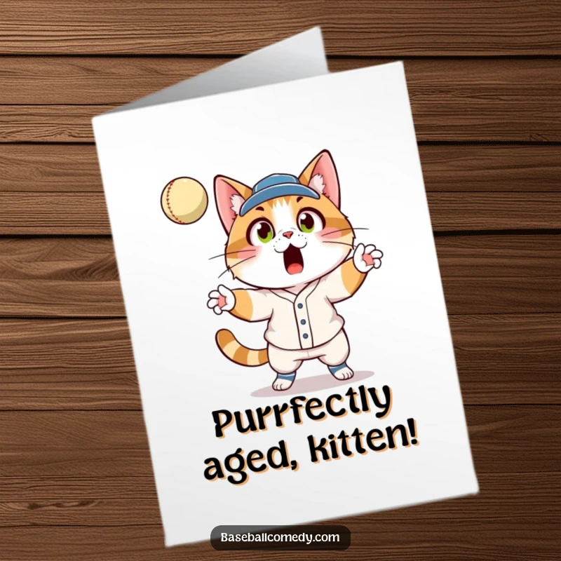 Funny Free Printable Birthday Card: Cat in uniform catching fly ball with wide eyes, surprised expression, baseball humor.