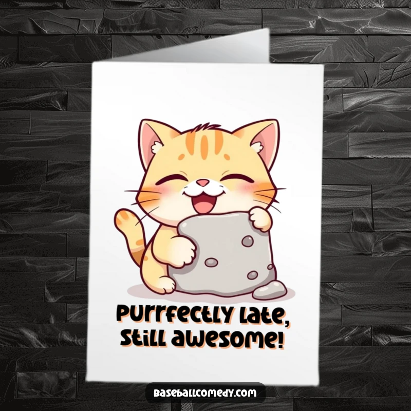 Funny Free Printable Birthday Card: A giggling cat joyfully steals a base, undetected, during a baseball game.