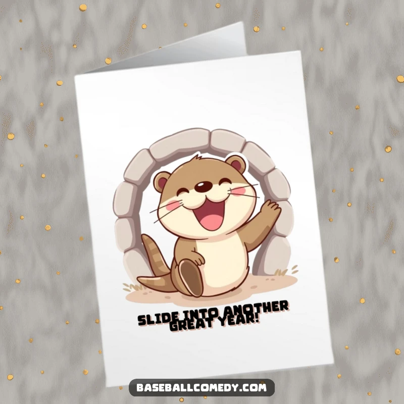 Funny Free Printable Birthday Card: An overjoyed otter with a massive grin sliding towards home plate on a baseball field.