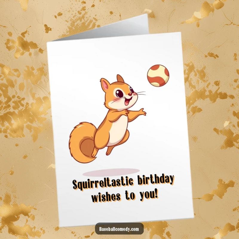 Funny Free Printable Squirrel Birthday Card: Squirrel leaping high for a fly ball, energetic, celebratory.