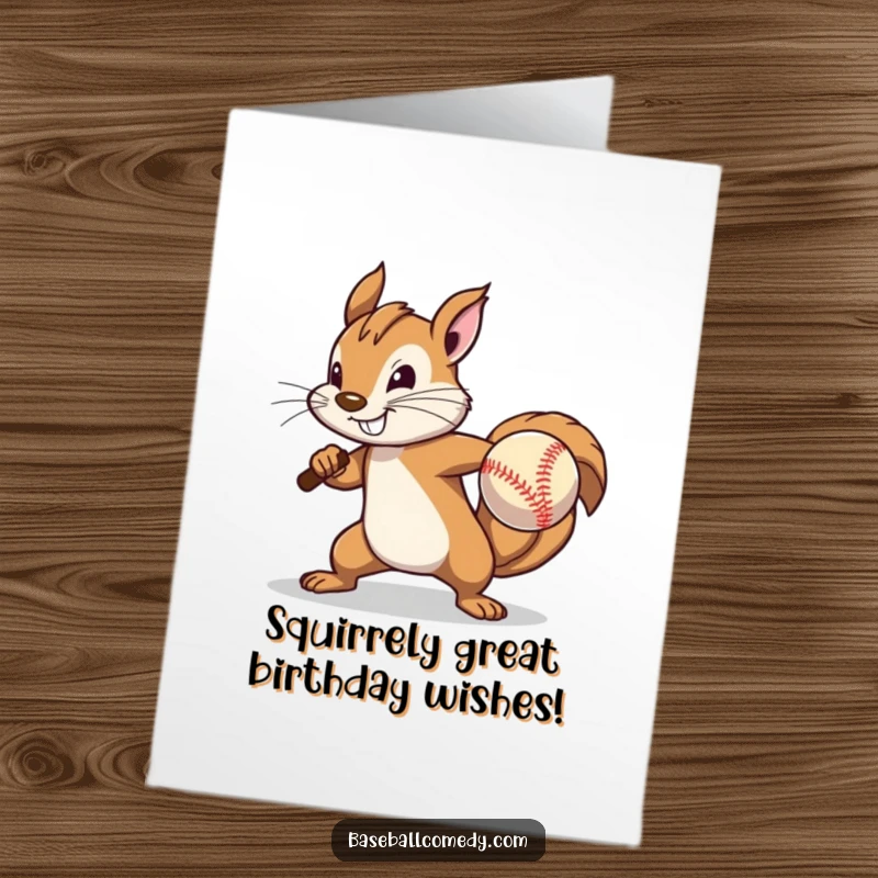 Funny Free Printable Birthday Card: Determined squirrel pitching baseball with effort, celebrating a special day with energy.