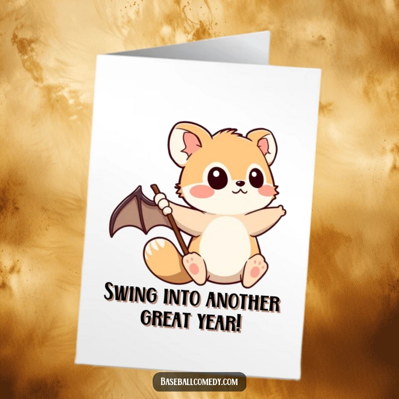 Funny Free Printable Birthday Card: Cute animal swinging a baseball bat with intense focus, ready to knock it out of the park.