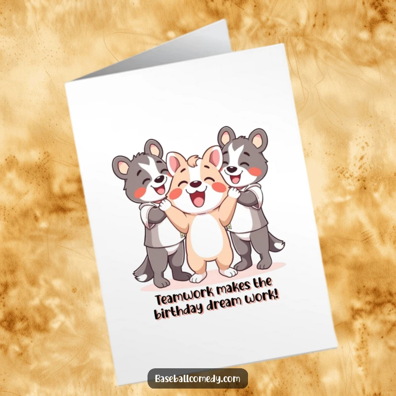 Funny Free Printable Birthday Card: A happy cartoon animal celebrates a play with excited teammates, radiating team spirit.