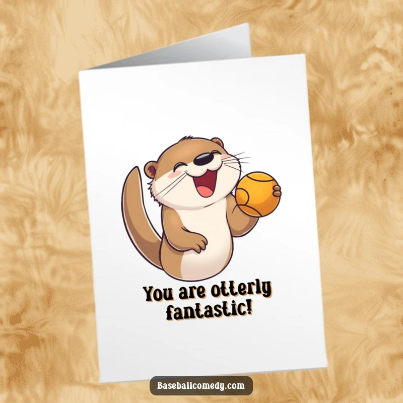 Funny Free Printable Birthday Card: Joyful otter enthusiastically catching a foul ball, a hilarious downloadable gift.