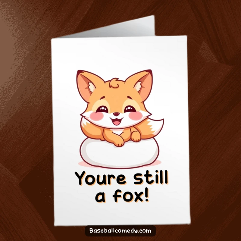 Funny Free Printable Birthday Card: Giggling fox slides into a base with a huge smile, celebrating happily.
