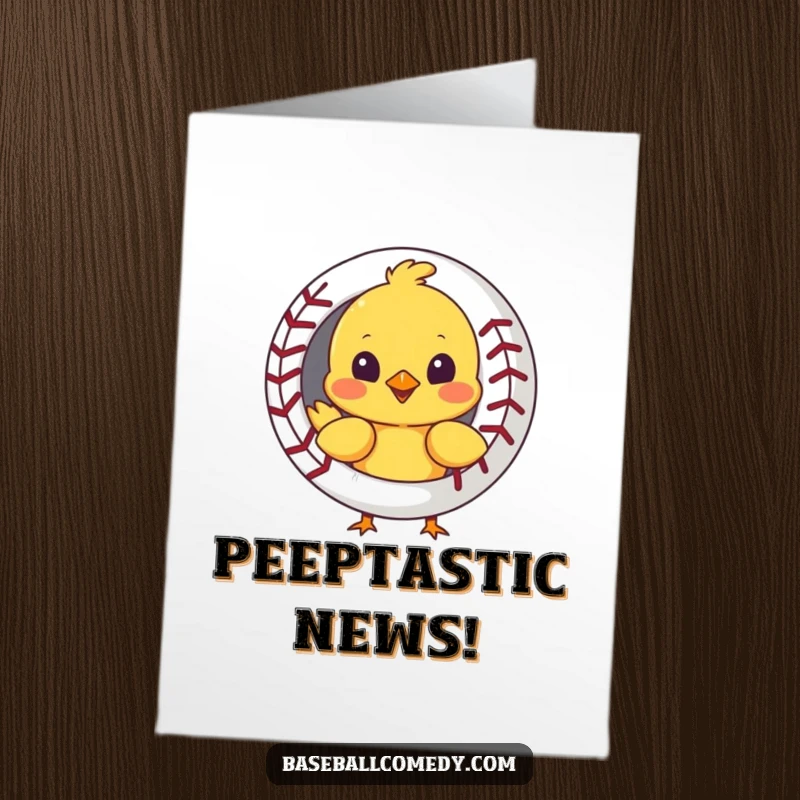 Funny Free Printable Curious Chick Peeking Behind Baseball Congratulations Card, full of wonder, excellent downloadable gift.
