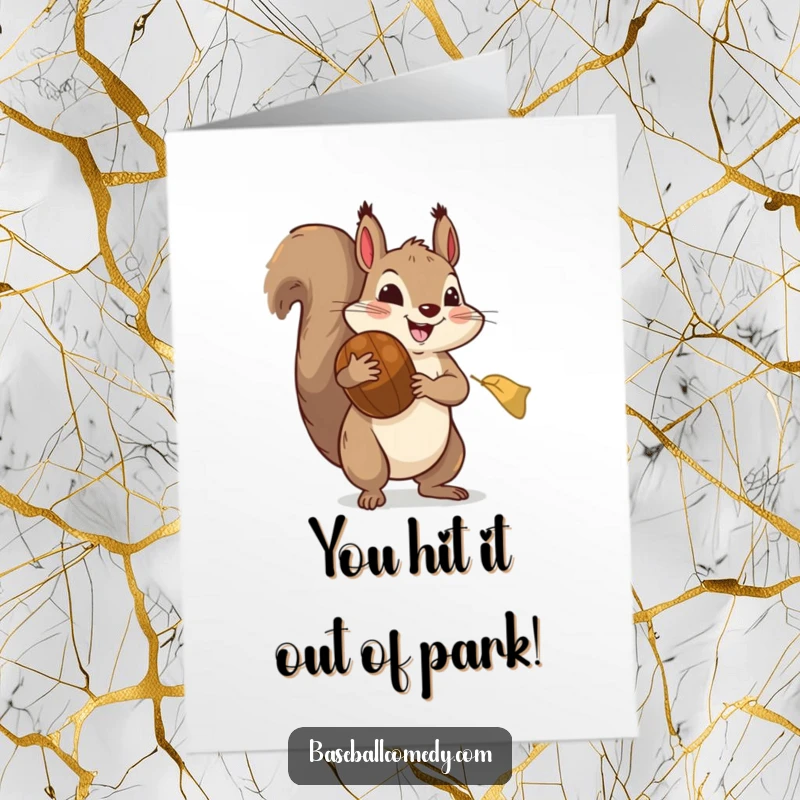 Funny free printable congratulations card: A squirrel with a comically large baseball mitt triumphantly catching a massive acorn.