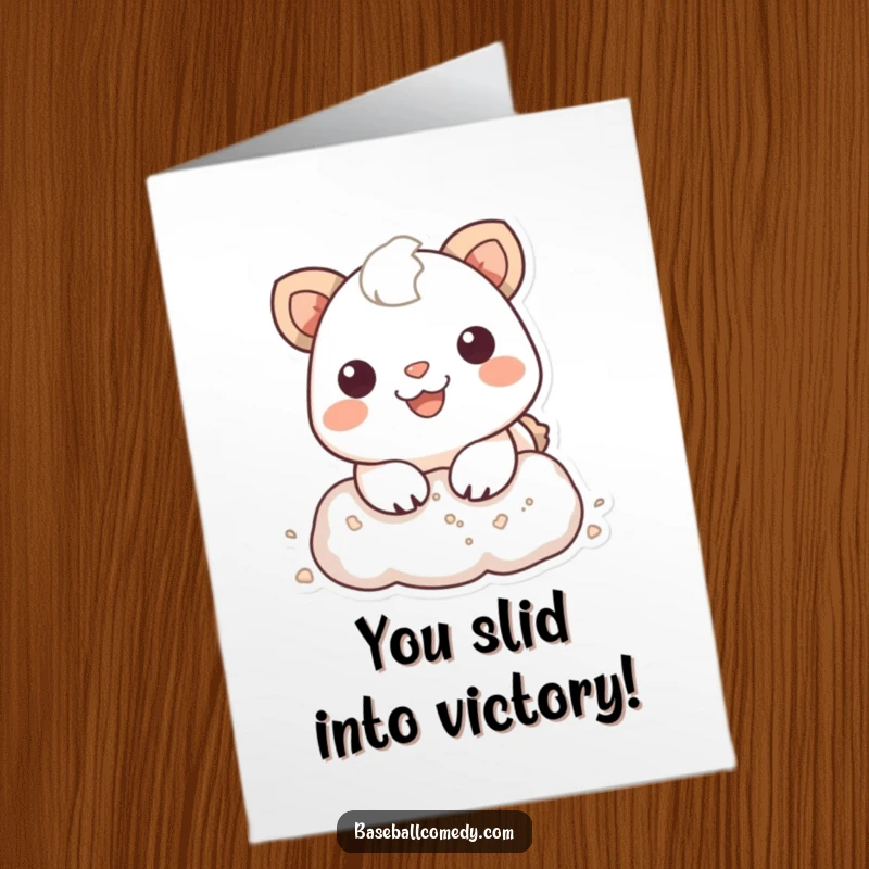 Funny Free Printable Congratulations Card: Joyful animal sliding into a base, leaving a dusty cloud, signifying a successful accomplishment.