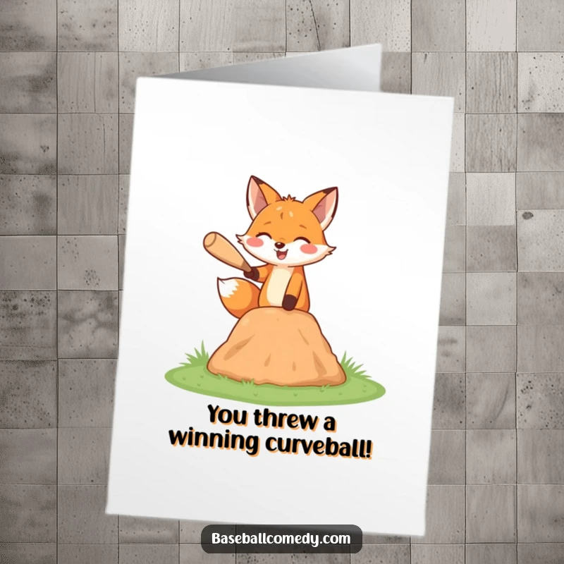 Funny Free Printable Congratulations Card: A happy fox skillfully pitching a baseball from a miniature mound, looking successful.