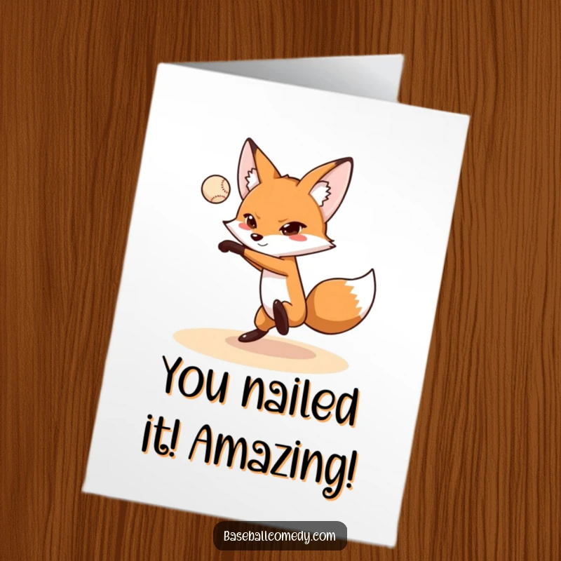 Funny Free Printable Congratulations Card: A clever fox concentrating intensely while pitching a baseball perfectly.