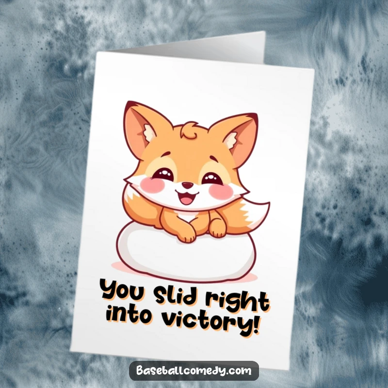 Funny Free Printable Congratulations Card: Giggling fox sliding into a base, celebrating a big win with a huge smile.