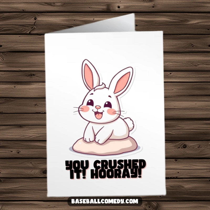 Funny Free Printable Congratulations Card: A grinning bunny slides triumphantly into home base, celebrating your incredible achievement.