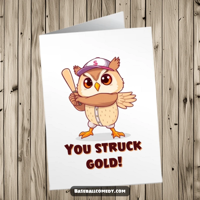 Funny free printable congratulations card: A cute owl strikes a triumphant, heroic pose like a seasoned baseball player. Owl power!