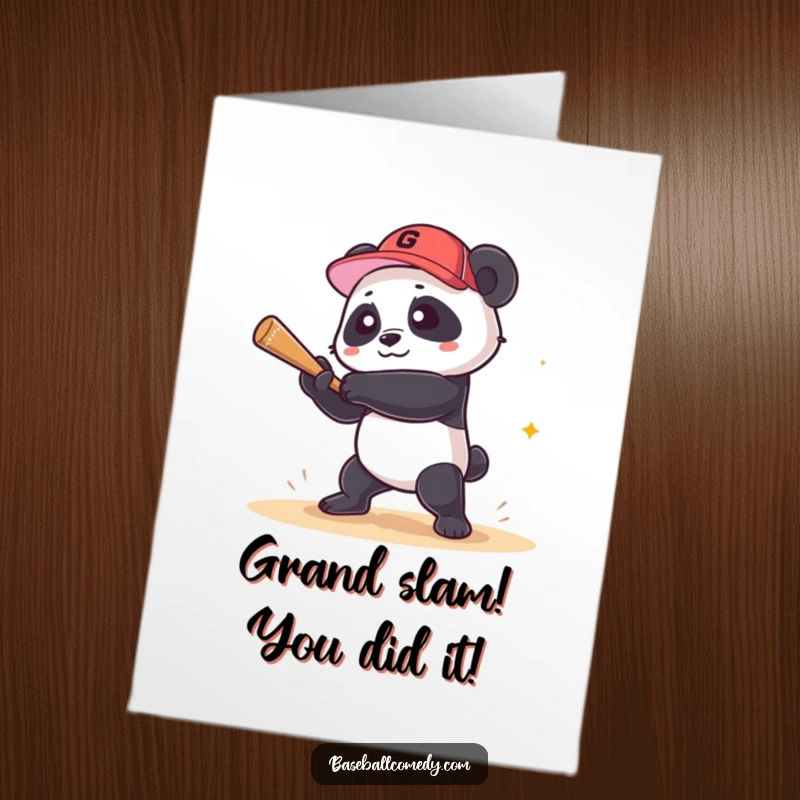 Funny Free Printable Congratulations Card: A happy panda triumphantly hitting a grand slam baseball out of the park.