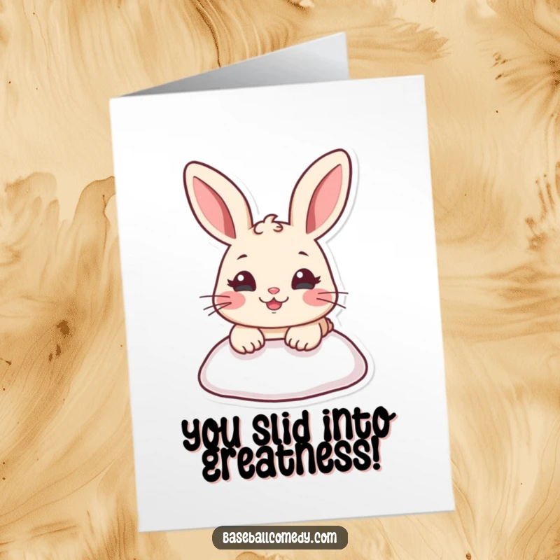 Funny Free Printable Congrats Card: Energetic rabbit sliding into a base, celebrating a triumphant victory.
