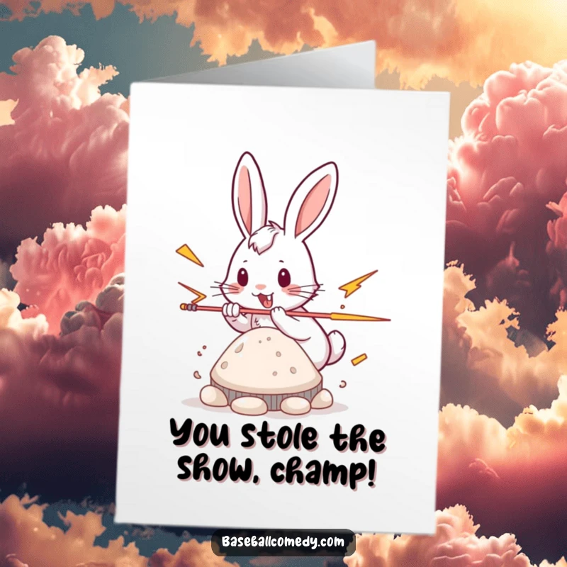 Funny Free Printable Congratulations Card: A energetic rabbit a blur of motion stealing a base with incredible speed.