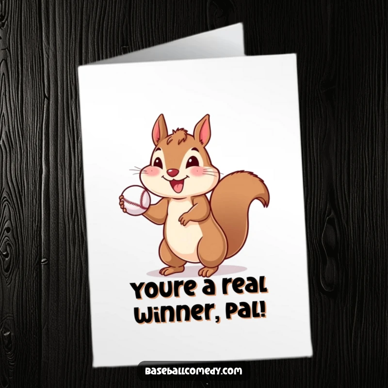 Funny Free Printable Congratulations Card: A cheerful squirrel confidently throws a small baseball, ready to play.