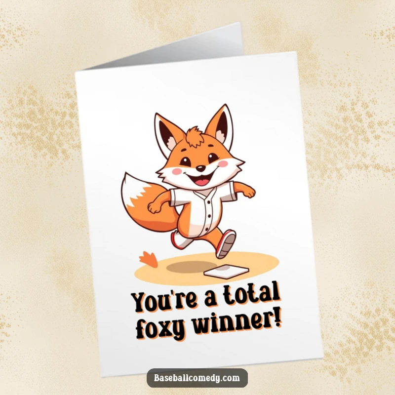 Funny Free Printable Congratulations Card: Grinning fox with a determined sprint, running bases, celebrating achievement with speed.