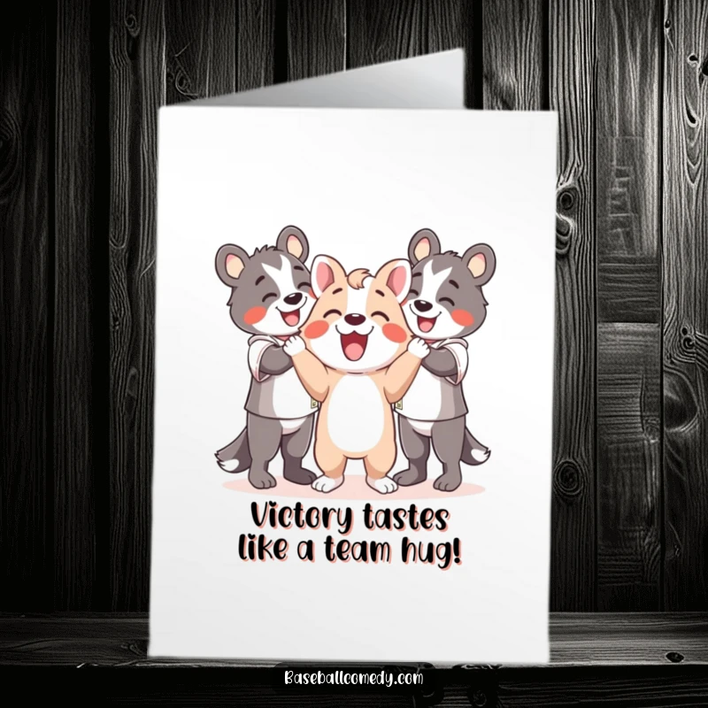 Funny Free Printable Congratulations Card: A delighted cartoon animal shares a happy celebration with teammates after a successful play.