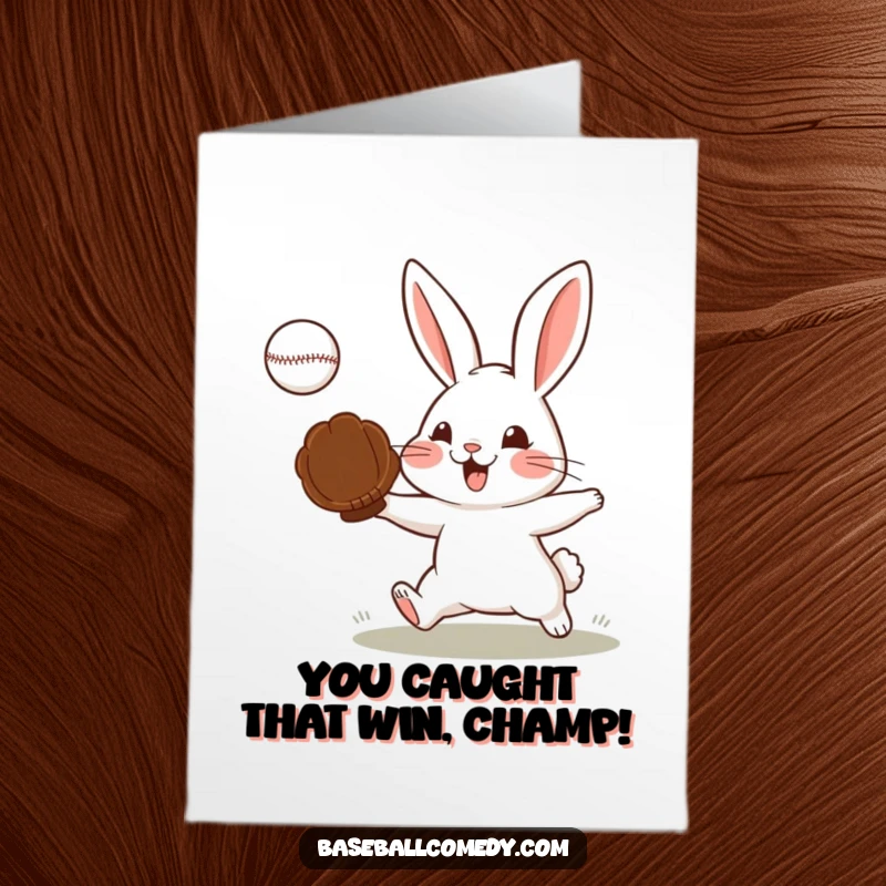 Funny Free Printable Congratulations Card: Determined rabbit in a baseball glove catches a ball with intense focus.