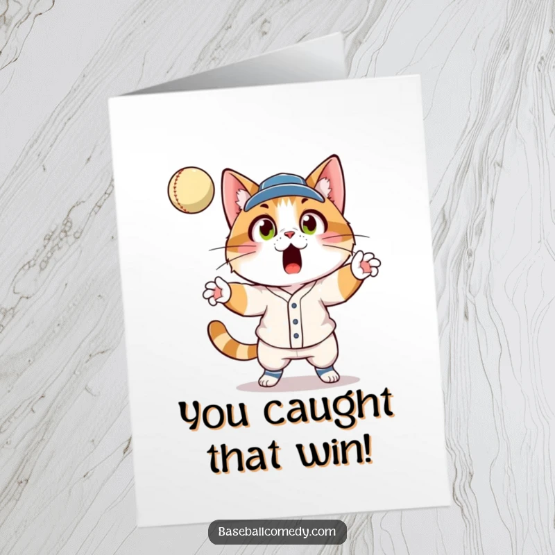 Funny Free Printable Congratulations Card: Cat in uniform catching fly ball, wide-eyed surprise, baseball win celebration.
