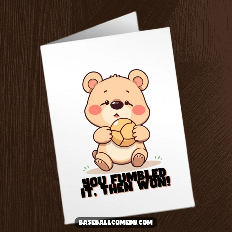 Funny Free Printable Congratulations Card: Goofy bear missing catch, ball bouncing off nose, humorous sports mishap, celebrating.