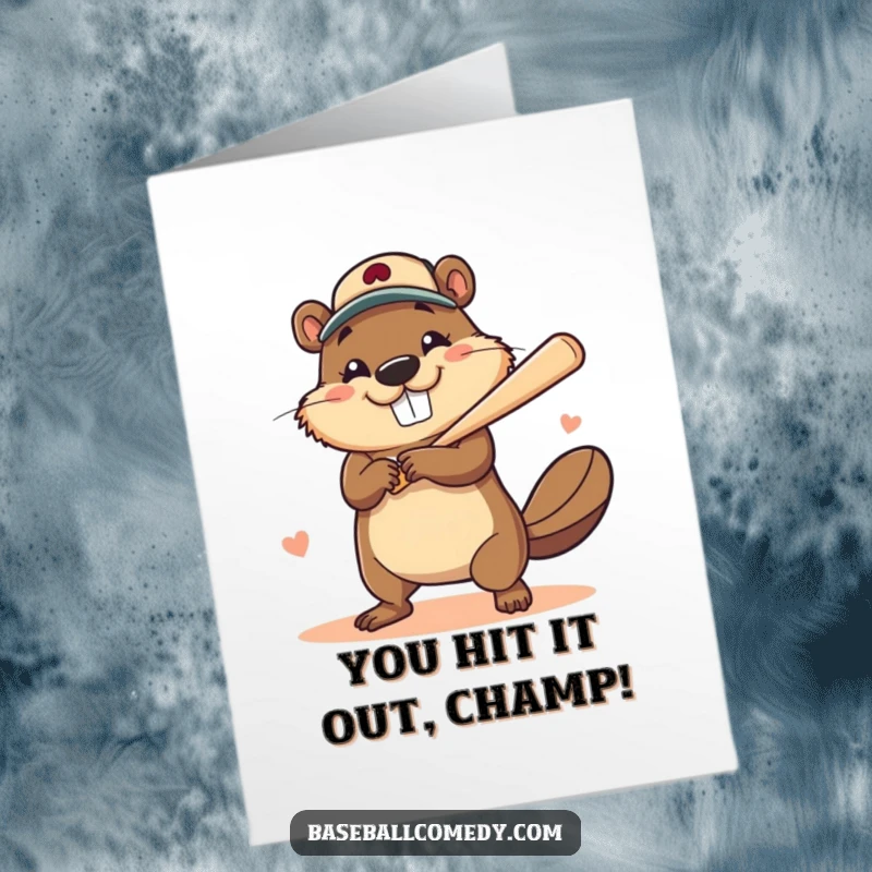 Funny Free Printable Congratulations Card: Brave beaver hitting a baseball home run with a big smile, DOWNLOADABLE.