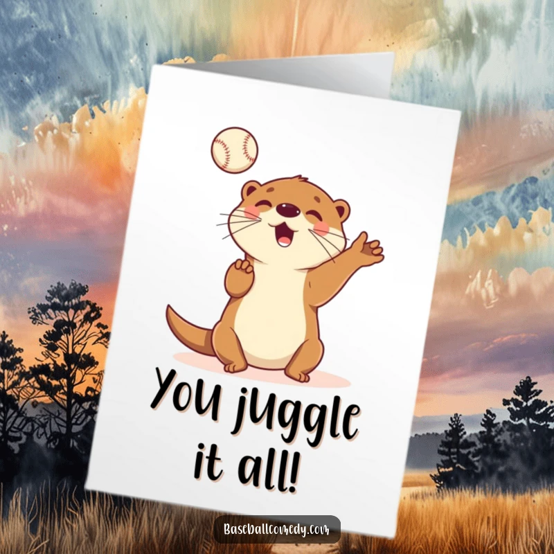 Funny Free Printable Congratulations Card: A joyful otter juggles baseballs mid-air, celebrating your fantastic accomplishment with flair.