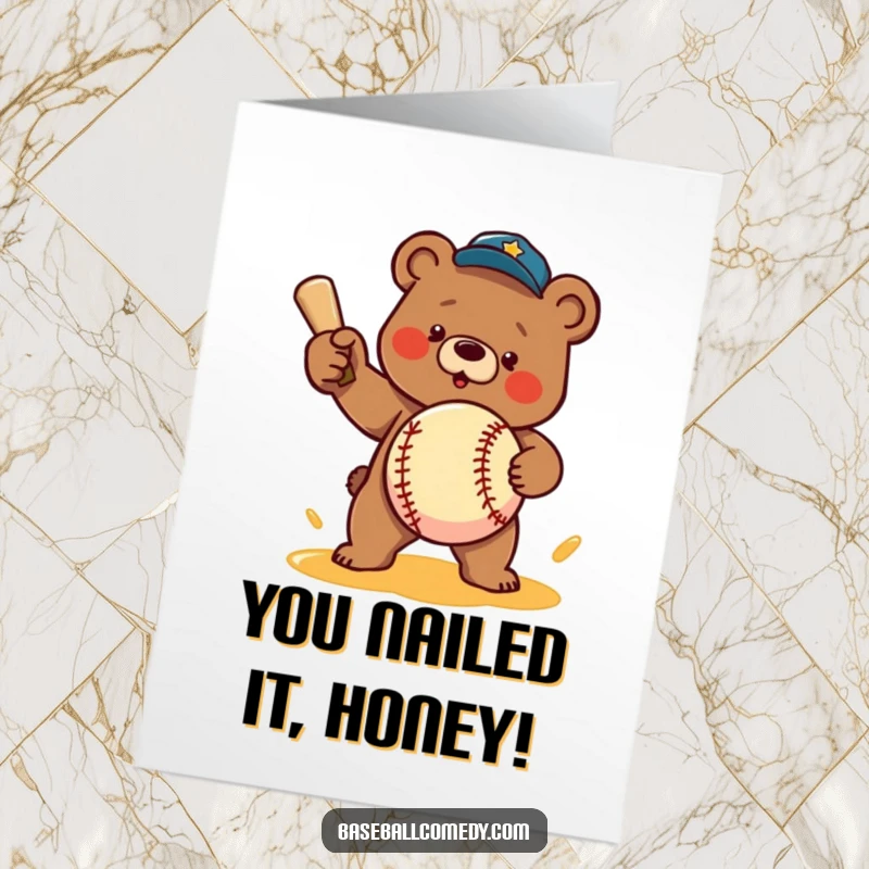 Funny free printable congratulations card: A determined bear pitches a baseball made entirely of sticky, golden honey. Sports and sweets.