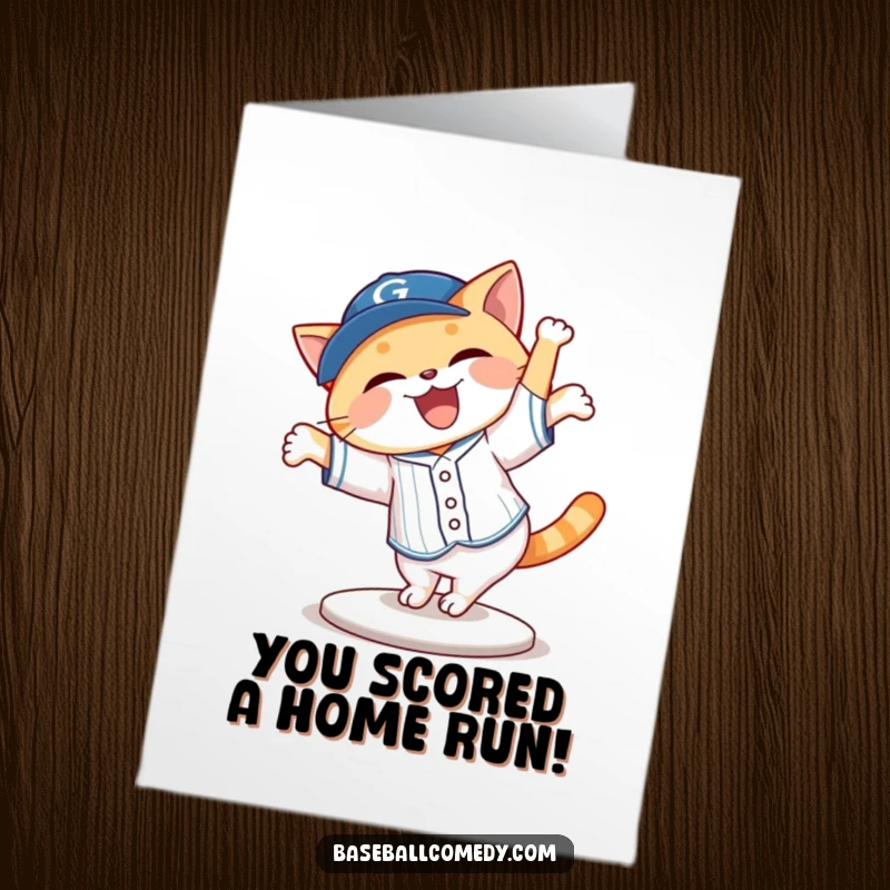 Hilarious Free Printable cat in baseball gear doing a cartwheel, celebrating a win.