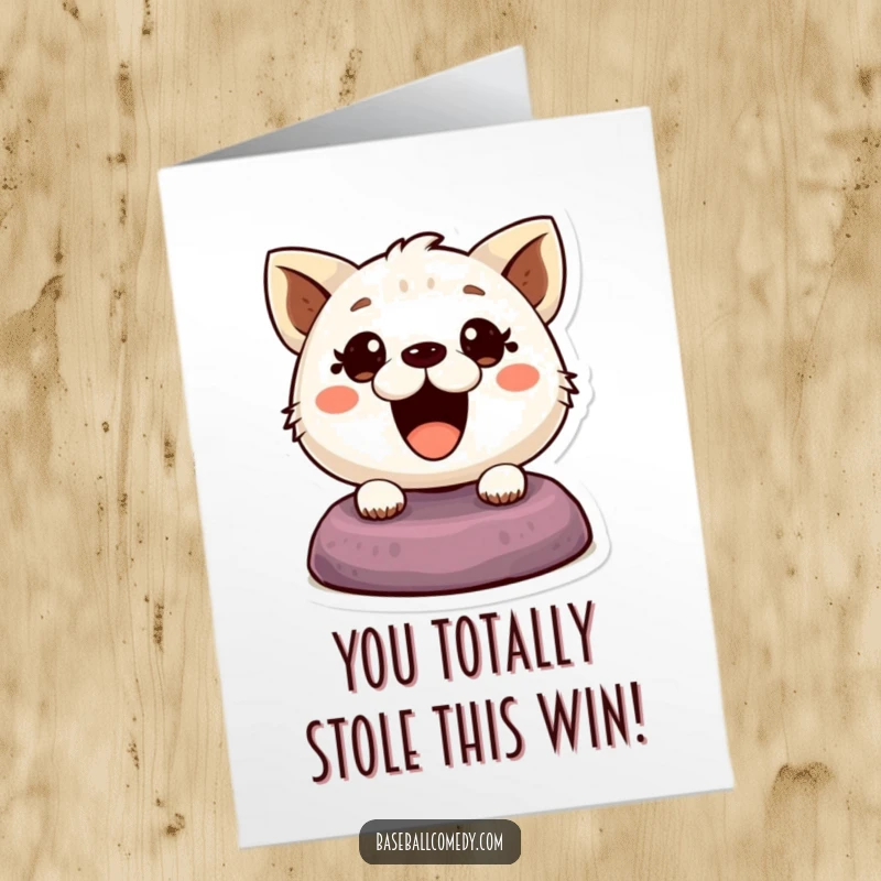Funny Free Printable Congratulations Card: An adorable cartoon animal makes a daring base steal, eyes gleaming with excitement.